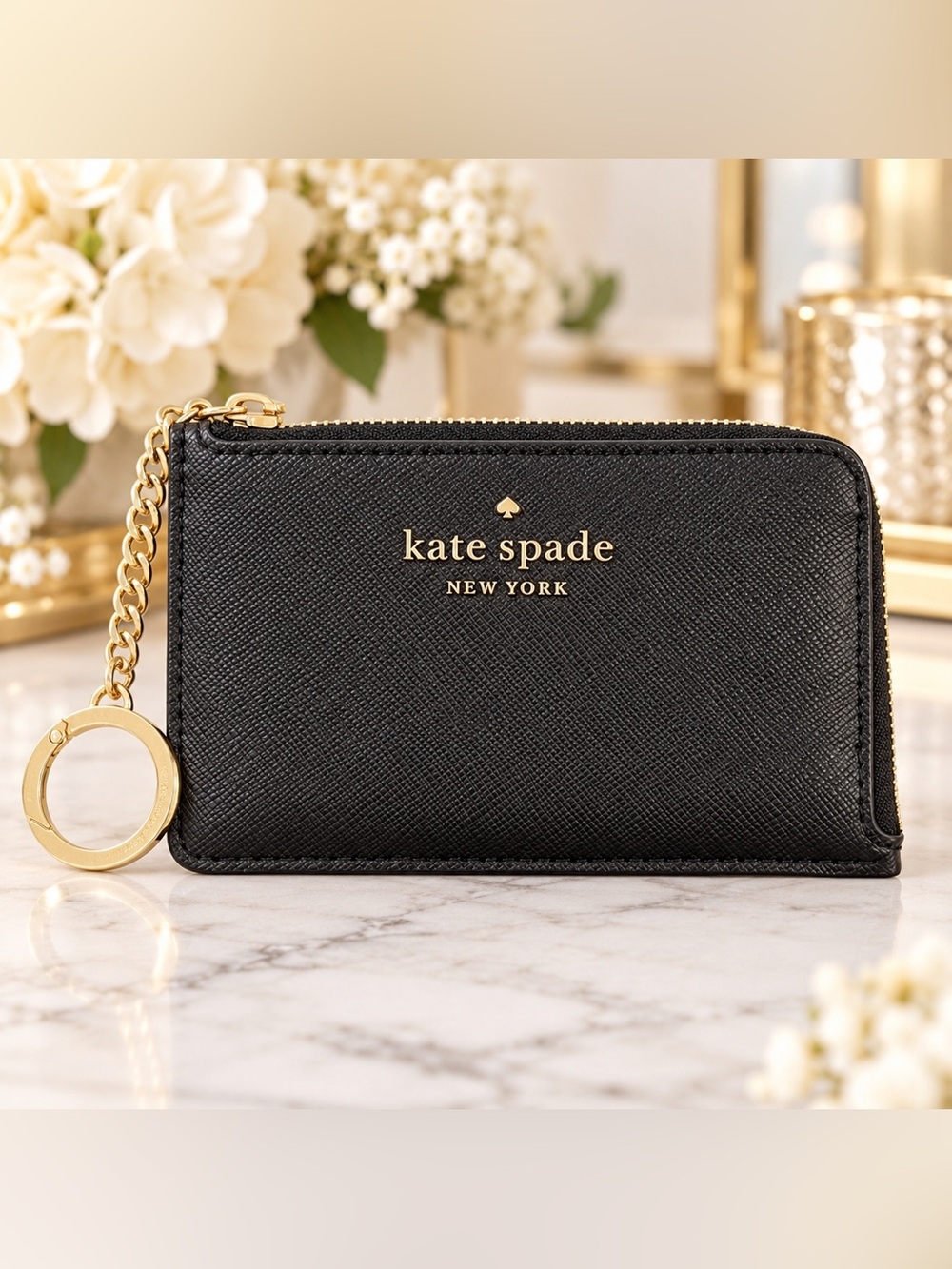 Kate Spade Black Saffiano Leather Zip Card Holder Key Pouch Quiet Luxury Y2K